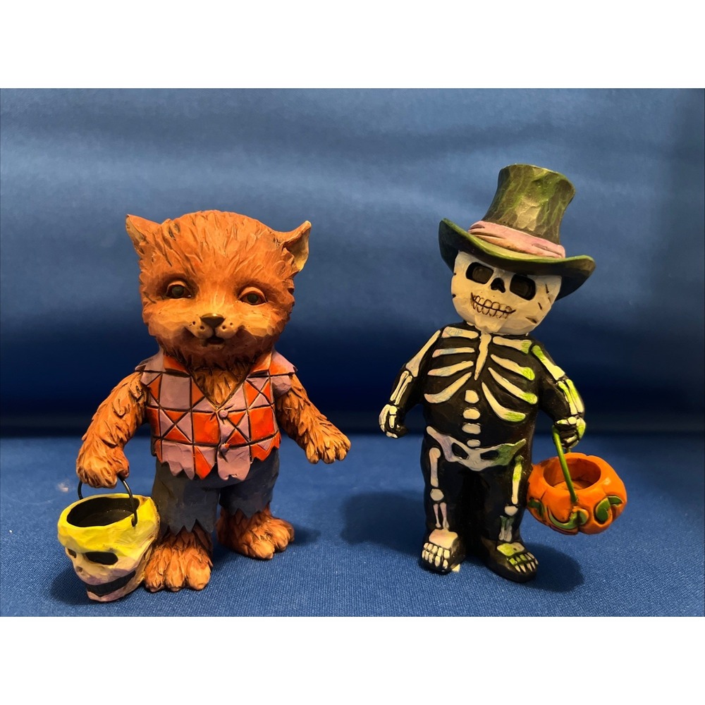 Set Of 2 Jim Shore Mini Halloween Trick Or Treat Werewolf & Skeleton Figurines